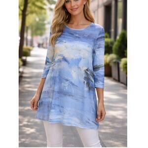 NEW Le Galeriste Womens Blue Patti Abstract Art Long Sleeve Tunic Med Artwear